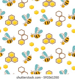Cute bees and honey comb cells seamless pattern. Hand drawn honeybee insect vector background.