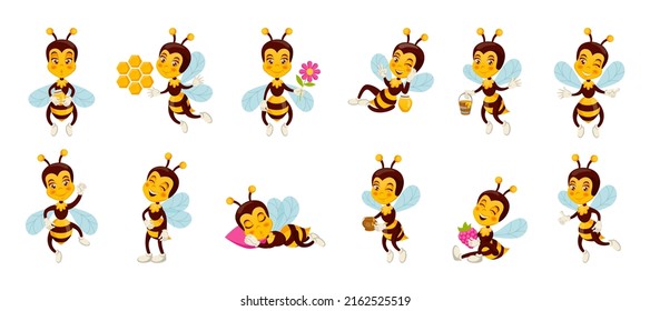 Cute bees and honey. Happy flying animal with honeycomb or flower. Insect characters poses and actions. Honeybee logo for delivery. Wasp carries sweets. Cartoon vector bugs positions set