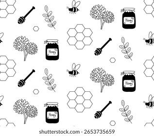 Abeilles mignonnes, miel en pot, ruche, motif harmonieux cuillère à miel. Illustration de ligne graphique d'Image vectorielle. Silhouette signe pour logo, impression, bandes dessinées, mode, pop art, conseils, design, autocollants, décoration, affiches