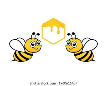 Cute bees with honeycomb. Bee character with sweet food. Vector illustration isolated on white