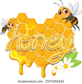 Cute bees with honeycomb and dripping honey