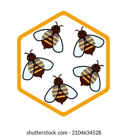 Cute bees with honeycomb hexagonal icon. Vector illustration isolated on white background.