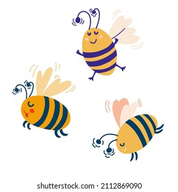 Cute bees. Insects cartoon character. Honey bees. Perfect for children, print and postcards. Vector cartoon illustration isolated on the white background.