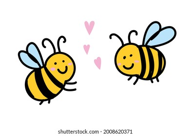 Cute bees in love isolated on white background. Valentine day greeting card. Doodle art. Vector Illustration.