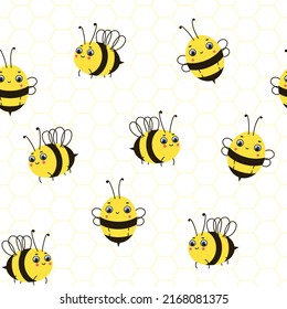 Cute bees on a background with honeycombs. Pattern with bees.
