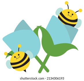Cute Bees on Blue Tulip. Blooming flower bud and flying cute bees, blue flower bouquet for spring time in pastel colors