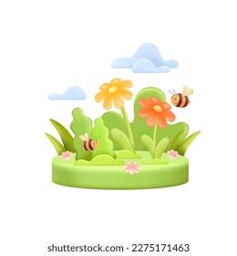 Cute bees pollinating flowers in meadow 3D illustration. Cartoon drawing of striped insects flying around plants in 3D style on white background. Nature, spring, ecology, wildlife concept