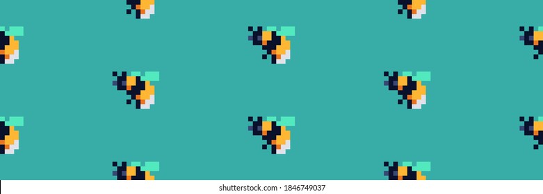 Cute bees seamless pattern. Pixel art style. Vector illustration