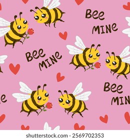 Cute bees seamless pattern and text “Bee Mine”. Vector illustration.