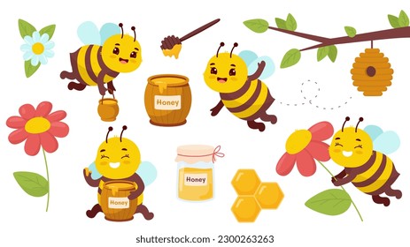 Cute bees set. Collection of black and yellow insects near tree branch and beehive. Apiary and honeycombs. Fauna, biology and wild life. Cartoon flat vector illustrations isolated on white background