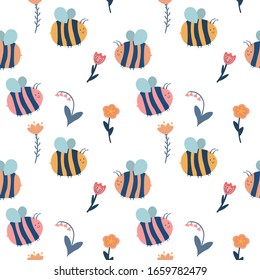 Cute bees with smiling faces next to flowers on a white background, seamless vector pattern.