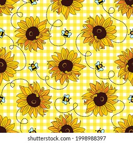 
Cute bees and sunflowers on a checkered background. Vector summer seamless pattern. Cartoon style.