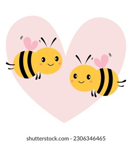 Cute bees and the symbol of the heart sign on a white background vector illustration.