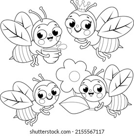 Cute bees. Vector black and white coloring page.