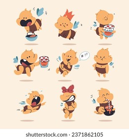 Cute bees vector cartoon characters set isolated on background.