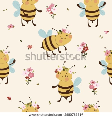 cute bees  wearing flower headbands and flower bouquets around seamless pattern , vector , illustration