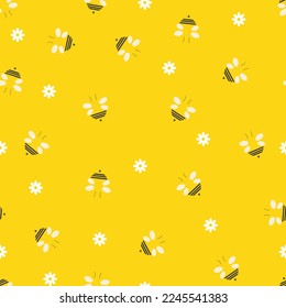 Cute Bees and White Flower Seamless Pattern on yellow background. Perfect for backdrops, wallpapers, gift wraps, print, scrapbooks. Vector Illustration. EPS 10.