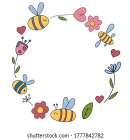 cute bees with wings, flowers, hearts, kids doodle vector illustration, round wreath