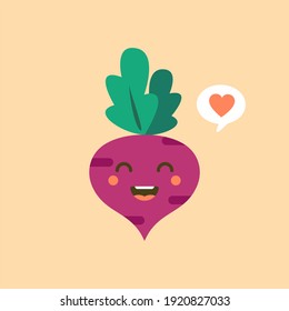 Cute beet character with face. Kawaii doodle beet isolated on color background. Stock vector illustratio. funny happy cartoon red beet vegetable character