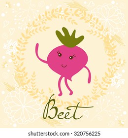 Cute beet character illustration on a floral background with soft colors