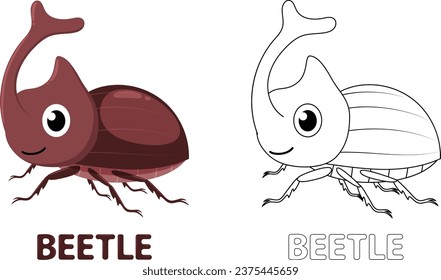 Cute Beetle cartoon Coloring Book, hand drawn simple lines