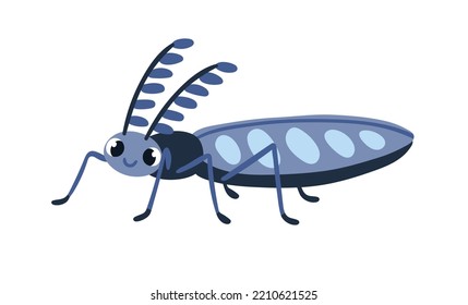 Cute beetle with funny antennae. Happy smiling bug character, insect with adorable lovely face expression, positive emotion. Childish flat vector illustration isolated on white background