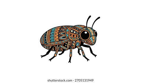 Escarabajo lindo con patrones geométricos intrincados en naranja, azul y blanco sobre un fondo blanco.