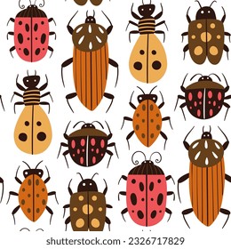 Cute beetles and bugs seamless pattern. Repeat pattern with ladybugs and other insects isolated on white background. Square design. Vector illustration.