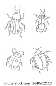 Cute beetles and bugs vector set for kids coloring. Hand-drawn black and white insect illustrations with ladybug and beetle outlines.
