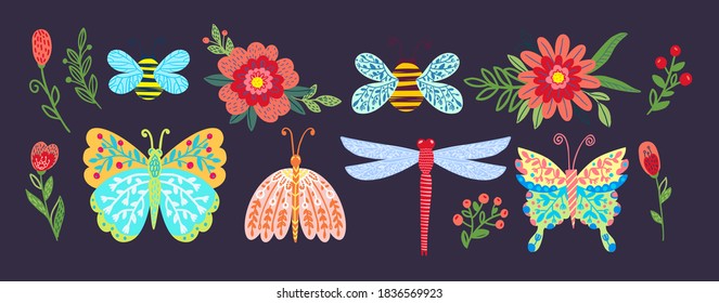 Cute beetles Child s drawing of insects, flying butterflies. Dragonfly, bumblebee, bee. Flowers and buds Flat vector isolated icons. For children s prints, t-shirts