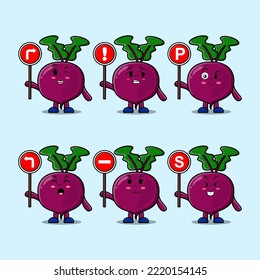 Cute Beetroot cartoon character holding traffic sign illustration in modern 3d style design