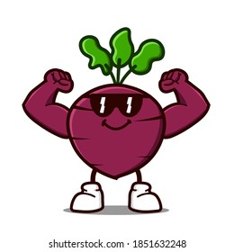 cute beetroot cartoon mascot character funny expression showing muscle