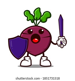 cute beetroot cartoon mascot character funny expression holding sword and shield