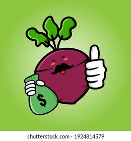 cute beetroot cartoon mascot character funny expression holding money pouch with tumb up