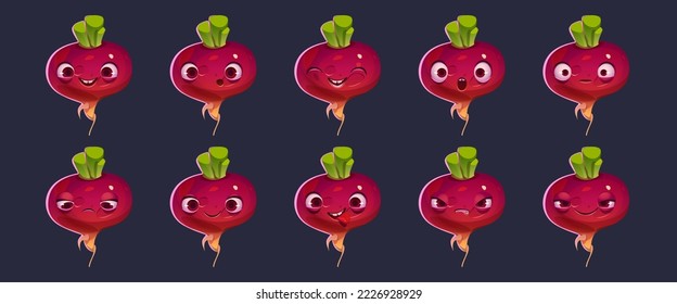 Carácter de remolacha cutáneo frente al juego de emoji. Personaje cómico de remolacha de caricatura vegetal para animación de juegos. Feliz, enojado, triste, sorprendido, mostrar lengua y verduras de granja graciosas traviesas, ilustración vectorial