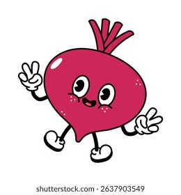 A cute beetroot character with a smiling face is giving a peace sign with its hand.