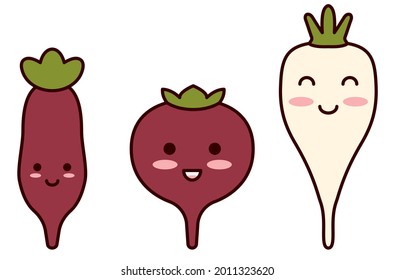 Juego de caracteres de remolacha mate. Los vegetales kawaii sonríen a los niños. Comida de dibujos animados. Colección de raíces vegetales de diferente variedad: Cylindra, Detroit rojo oscuro, remolacha azucarera blanca. Ilustración de esquema plano.