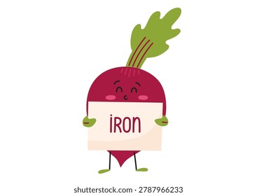 Cute beetroot holding Iron note. Healthy vegatable character for nutrition, cooking and agriculture design.