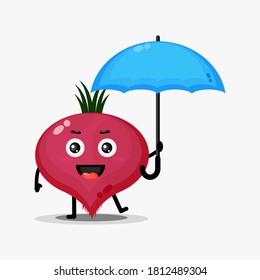 Cute beetroot mascot brings an umbrella