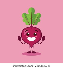 A cute Beetroot mascot praying with a smile
