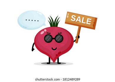 Cute beetroot mascot with the sales sign