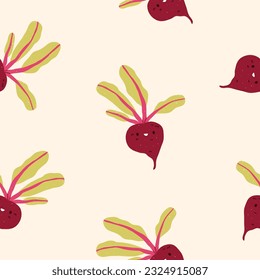 Cute beetroot, seamless pattern, endless background design. Repeating print, texture with funny vegetable character with happy face. Childish flat vector illustration for wrapping, textile, fabric