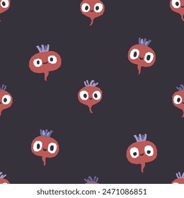 Cute beetroots seamless pattern. Vector cartoon childich background with smiling vegetable characters. Good for printing fabrics and wrapping paper.