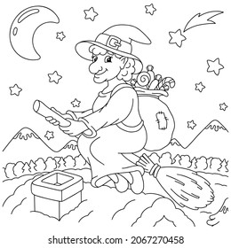 Cute Befana flies on a broomstick with a bag of gifts. Coloring book page for kids. Cartoon style character. Vector illustration isolated on white background.