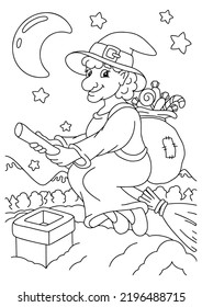 Cute Befana flies on a broomstick with a bag of gifts. Coloring book page for kids. Cartoon style character. Vector illustration isolated on white background.