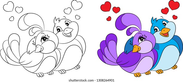 Cute before and after kawaii illustration of a pretty bird couple, hugging, in love, with hearts over their heads, in color and contour, perfect for children's coloring book or Valentine's Day card