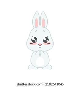 Cute begging bunny. Flat cartoon illustration of a funny little gray rabbit isolated on a white background. Vector 10 EPS.