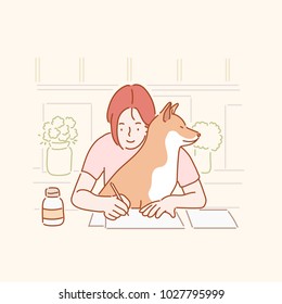 Cute behavior of pet dogs that prevents you from working at your desk. hand drawn style vector doodle design illustrations.