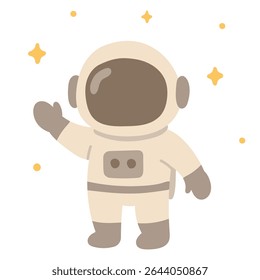 Cute beige astronaut cartoon in a space suit waving among stars. Great for galaxy exploration artwork and child-friendly science designs.