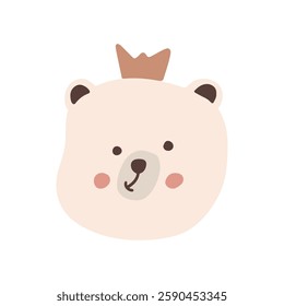 Cute beige bear face illustration with crown cartoon nursery animal design vector illustration